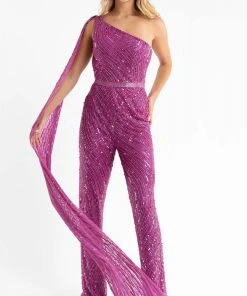 Primavera Couture - 3776 Fully Sequined One Shoulder Cape Jumpsuit Prom Dress