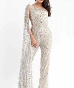 Primavera Couture - 3776 Fully Sequined One Shoulder Cape Jumpsuit Prom Dress
