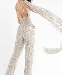 Primavera Couture - 3776 Fully Sequined One Shoulder Cape Jumpsuit Prom Dress