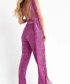 Primavera Couture - 3776 Fully Sequined One Shoulder Cape Jumpsuit Prom Dress
