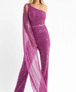 Primavera Couture - 3776 Fully Sequined One Shoulder Cape Jumpsuit Prom Dress