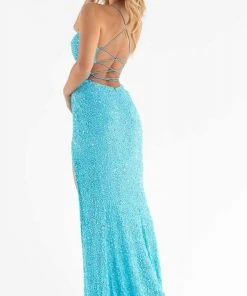 Primavera Couture - 3791 Sequined V-Neck Lace Up Dress 11 Primavera Couture - 3791 Sequined V-Neck Lace Up Dress