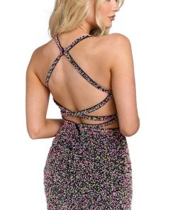 Primavera Couture 3824 - Sequined Strappy Back Cocktail Dress