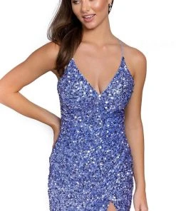 Primavera Couture 3891 - Deep V-Neck Side Slit Cocktail Dress