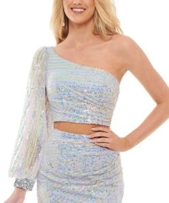 Rachel Allan - 40174 Asymmetric Flutter Sleeve Two Piece Dress