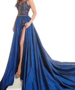 Rachel Allan - 50005 Embellished V Neck Dress With A-Line Overlay