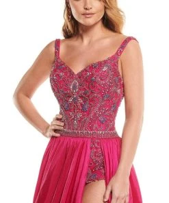 Rachel Allan - 50005 Embellished V Neck Dress With A-Line Overlay