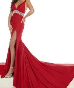 Rachel Allan - 50008 Plunging V Neck Jersey Trumpet Dress