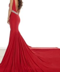 Rachel Allan - 50008 Plunging V Neck Jersey Trumpet Dress