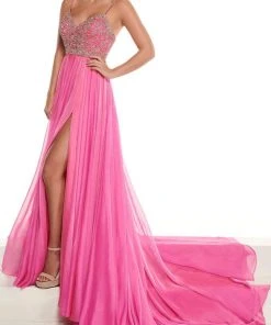 Rachel Allan - 50010 Beaded V Neck Pleated A-Line Dress With Slit