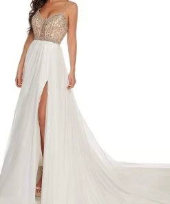 Rachel Allan - 50010 Beaded V Neck Pleated A-Line Dress With Slit 11 Rachel Allan - 50010 Beaded V Neck Pleated A-Line Dress With Slit