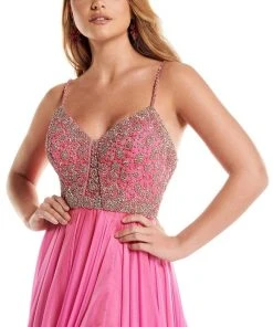 Rachel Allan - 50010 Beaded V Neck Pleated A-Line Dress With Slit 10 Rachel Allan - 50010 Beaded V Neck Pleated A-Line Dress With Slit