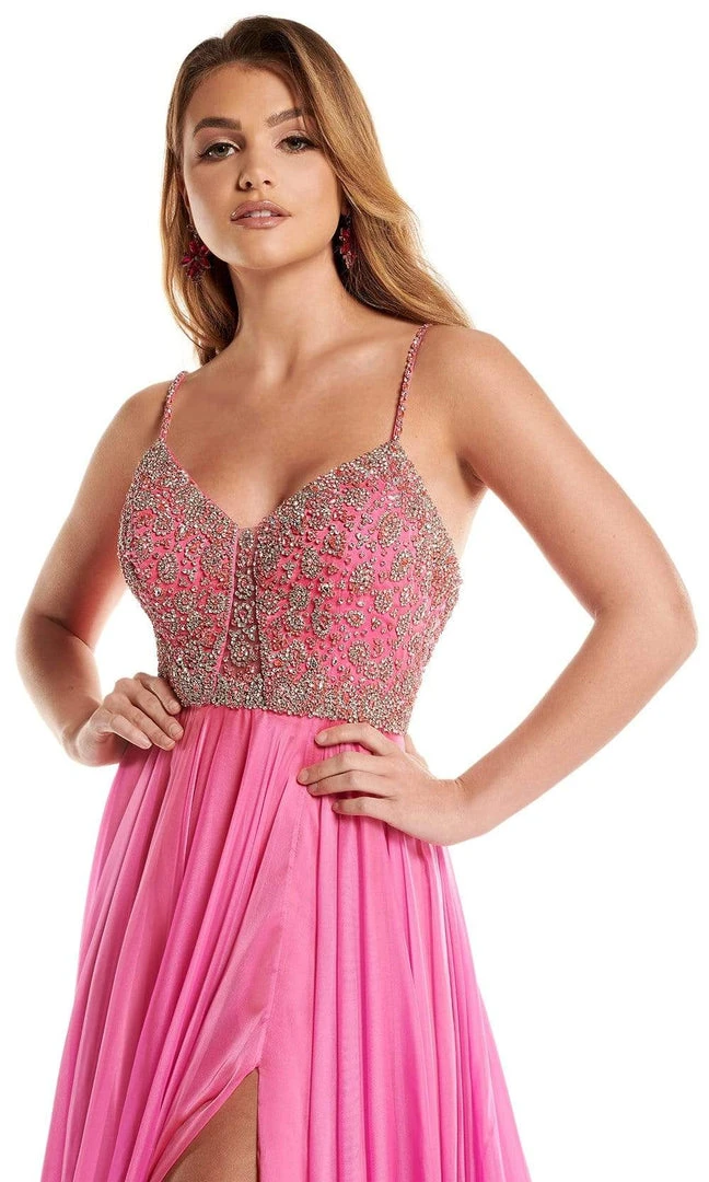 Rachel Allan - 50010 Beaded V Neck Pleated A-Line Dress With Slit 5 Rachel Allan - 50010 Beaded V Neck Pleated A-Line Dress With Slit