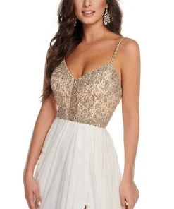 Rachel Allan - 50010 Beaded V Neck Pleated A-Line Dress With Slit 13 Rachel Allan - 50010 Beaded V Neck Pleated A-Line Dress With Slit