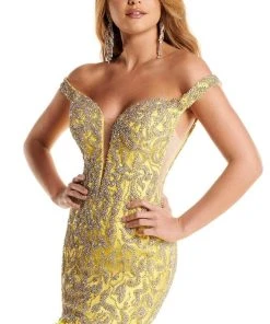 Rachel Allan - 50011 Beaded Off Shoulder Trumpet Dress