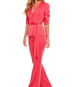 Rachel Allan - 50073 Plunging V-Neck Waist Tie Pantsuit