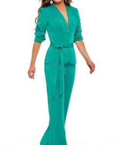 Rachel Allan - 50073 Plunging V-Neck Waist Tie Pantsuit