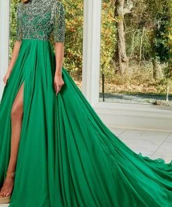 Rachel Allan 50149 - Bejeweled Quarter Length Sleeves Long Gown