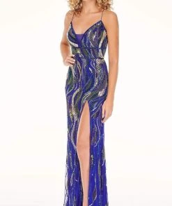 Rachel Allan - 70017 Beaded Tulle Plunging V Neck Sheath Dress