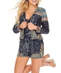 Rachel Allan - 70023 Allover Sequined Romper With Jacket