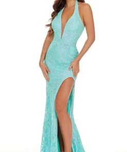 Rachel Allan - 70041 Sequined Plunging Halter High Slit Gown