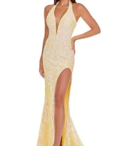 Rachel Allan - 70041 Sequined Plunging Halter High Slit Gown