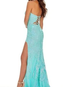 Rachel Allan - 70041 Sequined Plunging Halter High Slit Gown