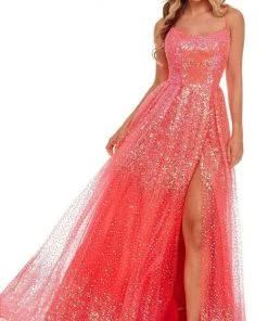 Rachel Allan - 70047 Sequined Scoop Neck High Slit Gown