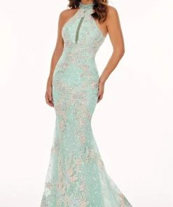 Rachel Allan - 70066 Lace Applique High Halter Trumpet Dress