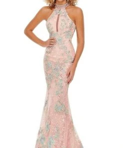 Rachel Allan - 70066 Lace Applique High Halter Trumpet Dress