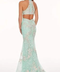 Rachel Allan - 70066 Lace Applique High Halter Trumpet Dress