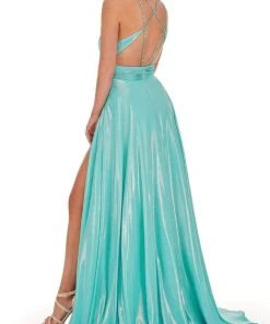 Rachel Allan - 70098 High Halter A-Line Dress With Slit 7 Rachel Allan - 70098 High Halter A-Line Dress With Slit