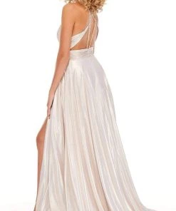 Rachel Allan - 70098 High Halter A-Line Dress With Slit 9 Rachel Allan - 70098 High Halter A-Line Dress With Slit