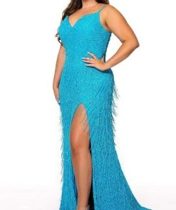 Rachel Allan - 70137W V-Neck Beaded Fringe Long Dress