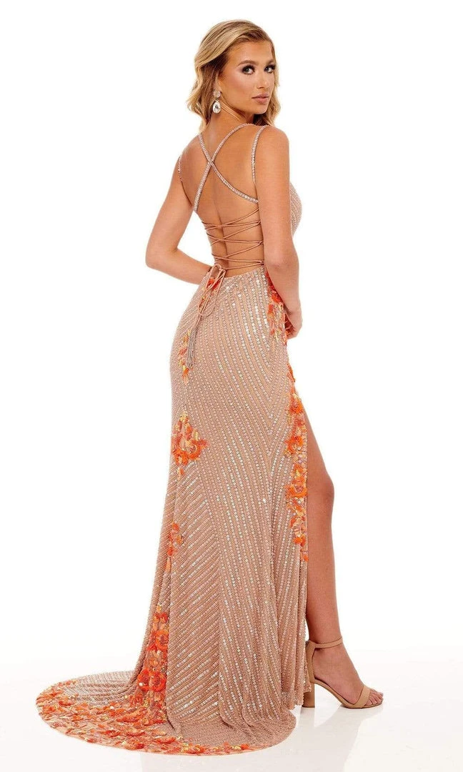 Rachel Allan - 70143 Floral Sequin High Slit Gown 4 Rachel Allan - 70143 Floral Sequin High Slit Gown