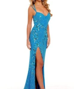 Rachel Allan - 70143 Floral Sequin High Slit Gown 12 Rachel Allan - 70143 Floral Sequin High Slit Gown