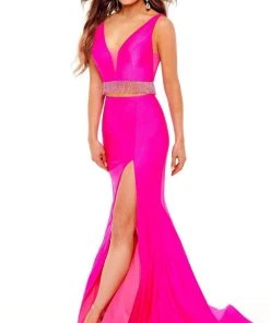 Rachel Allan - 70196 Plunging V-Neck Fringe Evening Dress