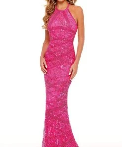 Rachel Allan - 70226 Beaded Sequin Halter Fitted Gown