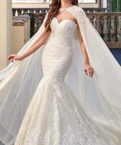 Rachel Allan - M781 Embroidered Lace Mermaid Wedding Gown With Cape