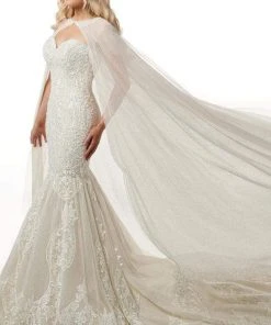 Rachel Allan - M781 Embroidered Lace Mermaid Wedding Gown With Cape