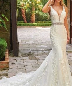 Rachel Allan - M785 Embroidered Deep V Neck Mermaid Gown With Overlay