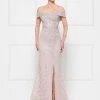 Long Dresses Rina Di Montella - Lace Off-Shoulder Evening Dress With Slit RD2655 - 1 Pc Dusty Rose In Size 12 Available