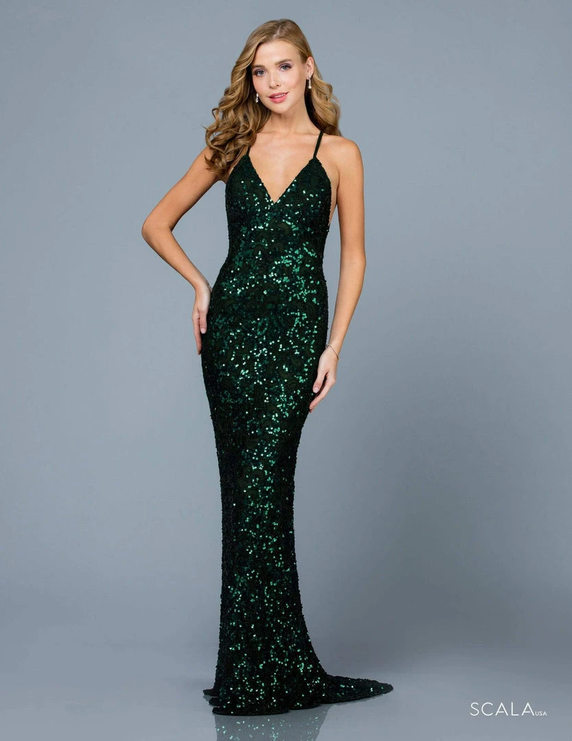 Scala - 47542 Fully Embellished Strapless V Neck Backless Sheath Dress 12 Scala - 47542 Fully Embellished Strapless V Neck Backless Sheath Dress