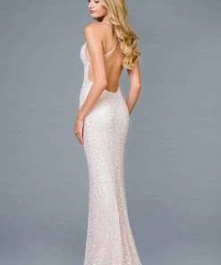 Scala - 47542 Fully Embellished Strapless V Neck Backless Sheath Dress 38 Scala - 47542 Fully Embellished Strapless V Neck Backless Sheath Dress