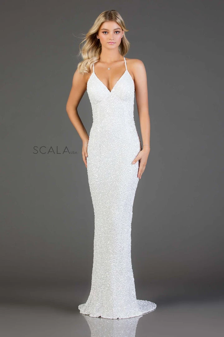 Scala - 47551 Full Sequins Open Back Fitted Evening Gown 12 Scala - 47551 Full Sequins Open Back Fitted Evening Gown