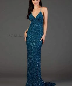 Scala - 47551 Full Sequins Open Back Fitted Evening Gown 36 Scala - 47551 Full Sequins Open Back Fitted Evening Gown