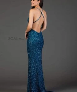 Scala - 47551 Full Sequins Open Back Fitted Evening Gown 37 Scala - 47551 Full Sequins Open Back Fitted Evening Gown