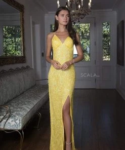 Scala - 47551 Full Sequins Open Back Fitted Evening Gown 32 Scala - 47551 Full Sequins Open Back Fitted Evening Gown