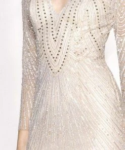 Scala - 47693 V-Neck Beaded Embellished Short Dress