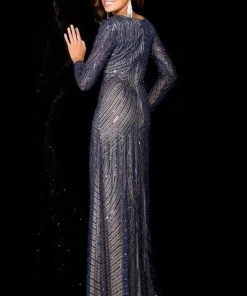 Scala - 48312 V-Neck Beaded Stripes Evening Dress